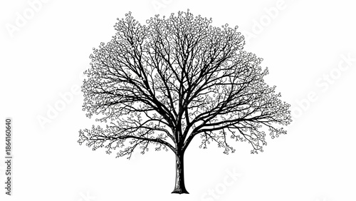 Detailed outline drawing of a deciduous tree with bare branches, isolated white background.