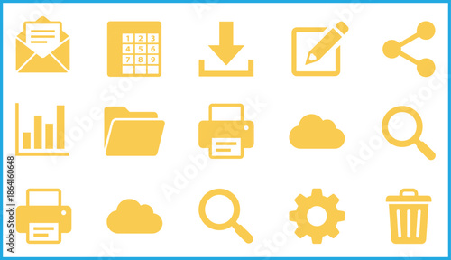 Yellow vector icons set representing user interface functions like email, search, settings, analytics, cloud, and digital tools