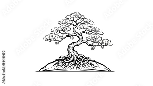 Simplified tree design with exposed roots firmly gripping a small hill, symbolizing resilience and connection to nature, isolated white background.