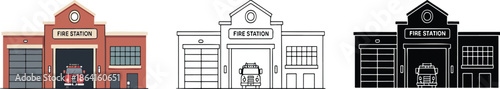 Fire station silhouette & Outline and illustration set isolated on transparent background