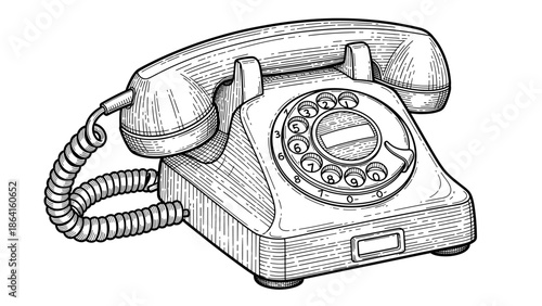 Vintage rotary telephone illustration in monochrome style on a white background