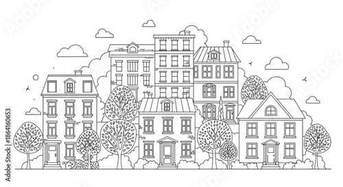 Black and white line art illustration of a peaceful residential street with diverse multi-story houses and suburban trees.