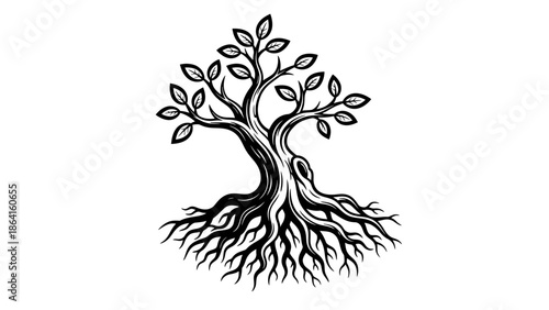 Stylized tree with prominent, intricate roots and simple leaf structure, embodying organic growth and life, isolated white background.