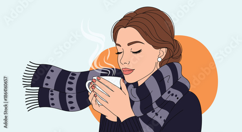 Beautiful young woman wrapped in a warm winter scarf enjoying a steaming hot beverage from a white ceramic mug outdoors.
