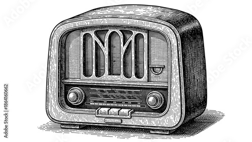 Vintage radio illustration with detailed lines and intricate design on white