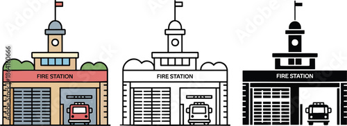 Fire station silhouette & Outline and illustration set isolated on transparent background
