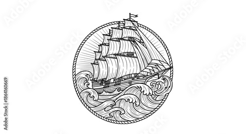Vintage sailing ship illustration navigating ocean waves inside a circular frame