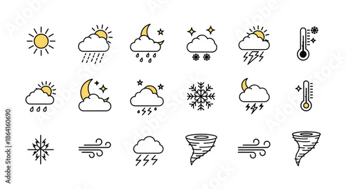 Extensive set of flat weather icons representing various meteorological conditions like sun, rain, snow, wind, and lightning.