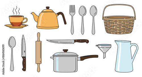 Common kitchen tools and tableware assortment including a teapot, cutlery, rolling pin, cooking pan, and wicker basket.