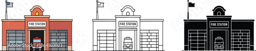 Fire station silhouette & Outline and illustration set isolated on transparent background