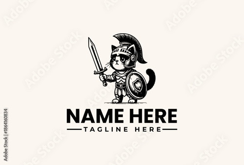 Black and white illustration of a cartoon cat wearing a Roman helmet and armor, holding a sword and shield on a clean white background, with a placeholder text for a logo.