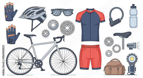 Comprehensive road cycling equipment set with a bicycle, helmet, jersey, gloves, water bottle, and various repair tools.