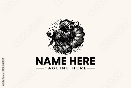 A black and white illustration of a betta fish surrounded by swirling lines, with a bold text placeholder reading 'NAME HERE' and 'TAGLINE HERE' on a plain beige background.