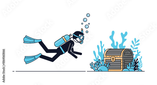 Adventurous scuba diver swimming deep underwater towards a sunken wooden treasure chest and colorful sea coral reefs.