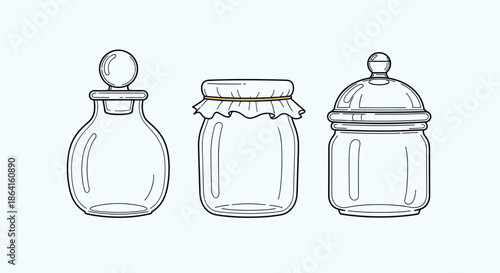 Set of three empty glass storage jars with lids including an apothecary style bottle and a traditional jam jar with a decorative cloth cover.