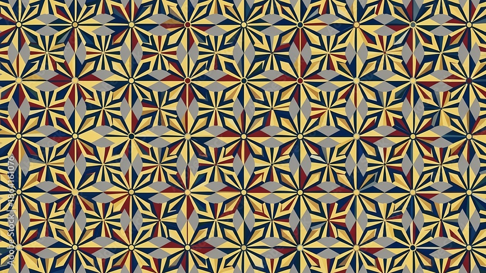 Fototapeta premium Seamless Geometric Art Deco Pattern with Gold, Navy Blue and Red Shapes