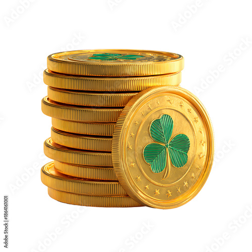 A stack of golden coins with a four leaf clover design