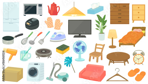 家具・家電・生活雑貨のイラストセット 新生活 住まい ベクター素材