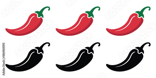 Hot chili paper icon set vector on white background, featuring hot peppers, paprika, and spicy food symbols for cooking, culinary, and vector illustration