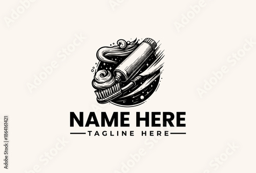A black and white illustration of a motorcycle engine with a placeholder name and tagline in a bold, modern font on a light gray background.