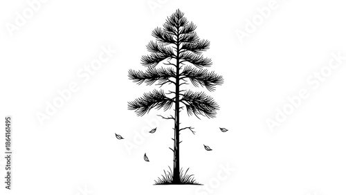 Tall pine tree with needles and a few falling, classic conifer, isolated white background