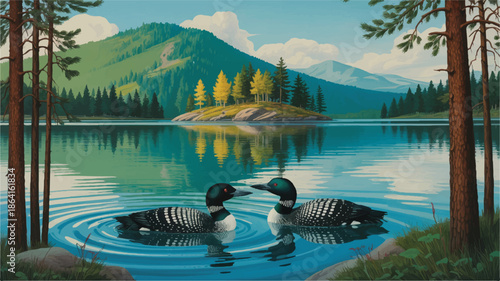 A stylized illustration of a serene mountain lake scene with two loons swimming in the foreground.
