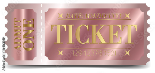 Luxury pink and gold ticket template for events. Elegant rose gold gradient background with golden "Admit One" text. Realistic ticket design with perforated edge and serial number.