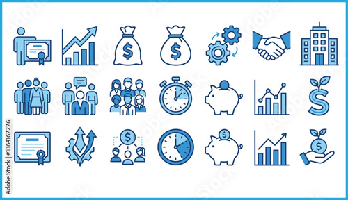 Set of 20 blue line icons for business and finance including savings, investment, teamwork, and certification for vector illustration content