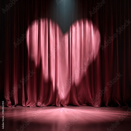 Romantic stage setting featuring soft heart light illuminating elegant red curtains for Valentine's Day celebration
