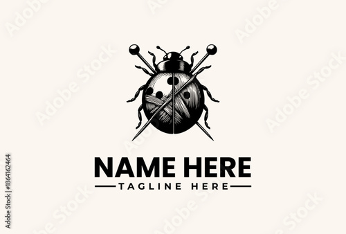 A black and white illustration of a ladybug logo with a diagonal line, accompanied by placeholder text on a beige background.