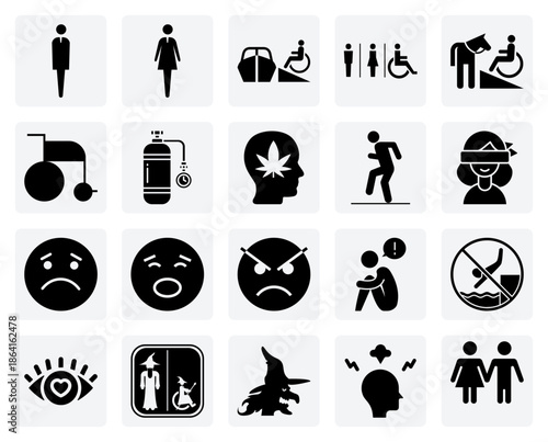 Universal Indicators For Public Guidance – Male And Female Washrooms, Accessibility Information, And Safety Rules Like No Diving.