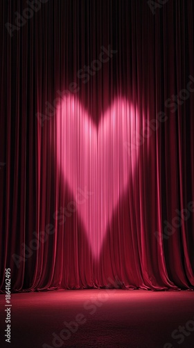 Romantic stage setting featuring soft pink heart light illuminating elegant red curtains for Valentine's Day celebration