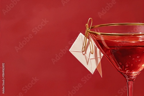 Elegant cocktail glass featuring red beverage and love letter on vibrant red background