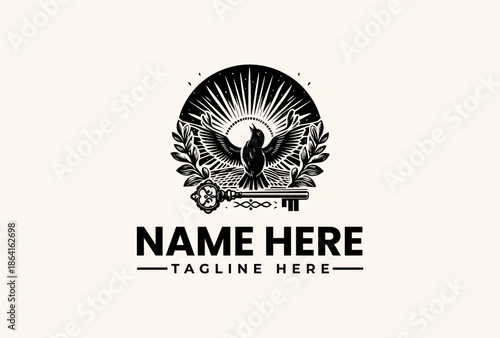 Black and white illustration of a bird in flight within a circular design with leaves and a key on a beige background with space for a logo and tagline.