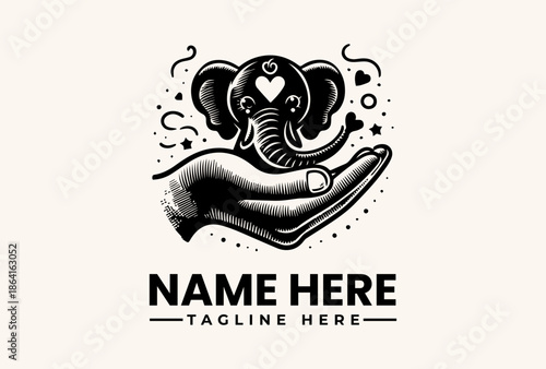 Black and white illustration of a hand cradling an elephant's head with a heart on its forehead, surrounded by decorative elements on a beige background, featuring a logo and tagline space.