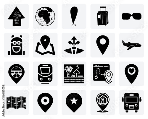 Hand-Sketched Travel And Adventure Journey – A Map, Backpack, And Bus For Planning A Surfing Holiday