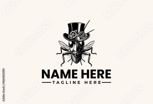 A black and white illustration of a fly wearing a top hat and monocle, with placeholder text for a name and tagline on a clean white background.