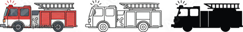 Fire truck silhouette & Outline and illustration set isolated on transparent background