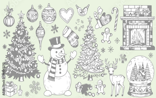 A vibrant, flat vector illustration with a playful and festive Christmas theme, rendered in a stark white silhouette against a rich, solid crimson background. The composition is a joyful, scattered.