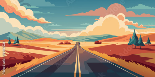 Retro Pixel Art Coastal Highway Landscape with Winding Road and Ocean View