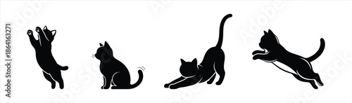 Set of Black Cat Silhouettes Capturing Playful Actions and Graceful Movements