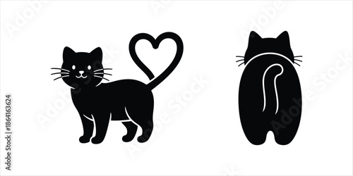 Cute Black Cat with Heart Tail and Rear View Vector Illustration