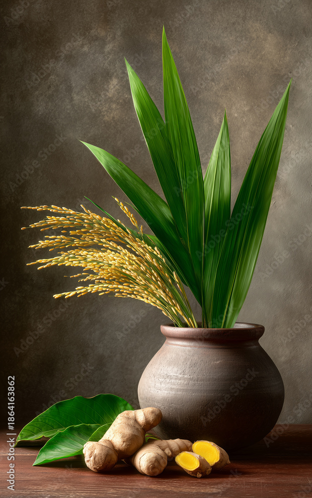 Obraz premium Traditional pongal harvest still life with fresh rice stalks in rustic clay pot, green leaves, raw rice and ginger roots on wooden table, celebrating tamil pongal festival, agriculture, abundance 