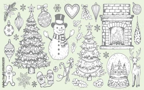 A vibrant, flat vector illustration with a playful and festive Christmas theme, rendered in a stark white silhouette against a rich, solid crimson background. The composition is a joyful, scattered.