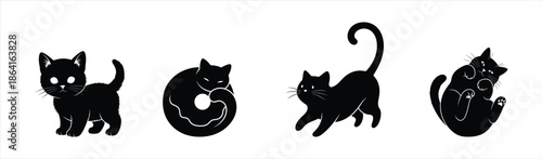 Set of four cute black cartoon cat illustrations in different poses