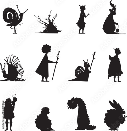 Whimsical silhouettes of fairy tale characters and creatures including snails princesses and magical beings