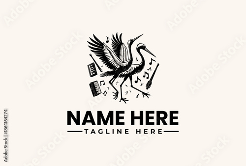 Black and white illustration of a stork with outstretched wings surrounded by various icons and text placeholders on a beige background.