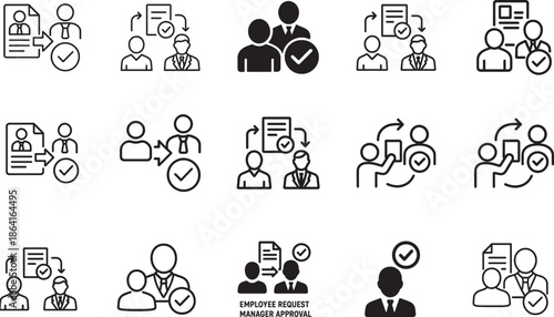 Employee request and manager approval outline icon set for HR workflow, permission process, and business management.