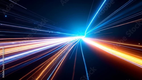 Abstract light trails in blue and orange colors create a dynamic and modern effect.