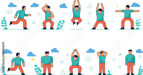 Cartoon person exercising, fitness poses, stretching routine, healthy lifestyle, colorful outfit, flat design, wellness concept, vector illustration, active movement